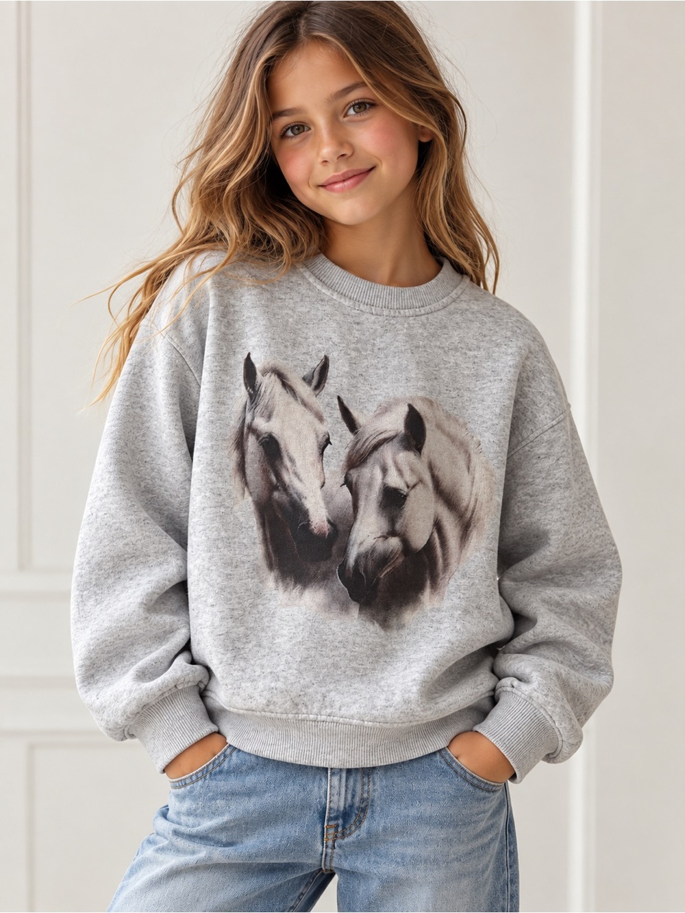 Zara size 8/9 Light Gray Crewneck Sweater with Horse Print